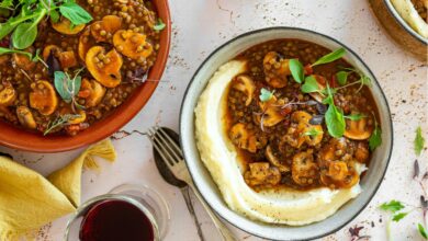 13 JUNE - MEATLESS MONDAY – Lentil and mushroom stew on butter bean mash