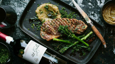 5 MARCH - SATURDAY ENTERTAIN - Grilled sirloin steak with roasted aubergine puree and gremolata