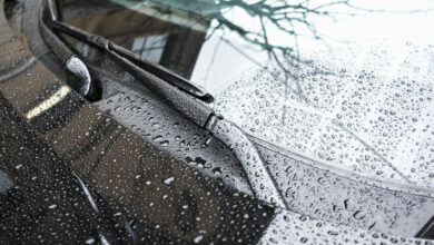 Black car hood fragment and windshield wipers