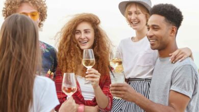 Diverse group of friends smiling as they cheers toast drinking wine and fresh cocktails embracing each other being glad of meeting. Cool party organised by youngsters. True friendship concept