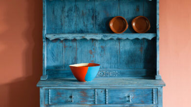 Greek Blue Kitchen Dresser with Scandinavian Pink Wall Image 1 300dpi