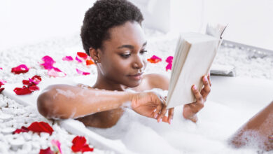Relax,In,Bathroom.,African,American,Girl,Is,Reading,Book,,Free