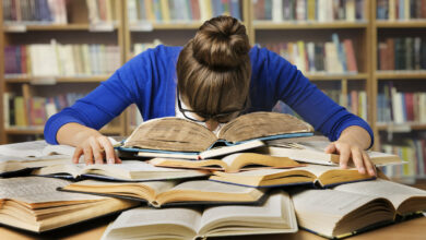 Student Studying Hard Exam, Sleeping on Books Read in Library