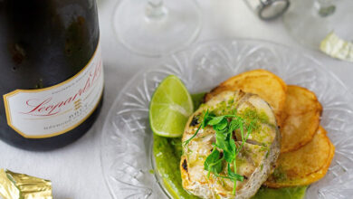 Fancy fish and chips with a green chilli sauce