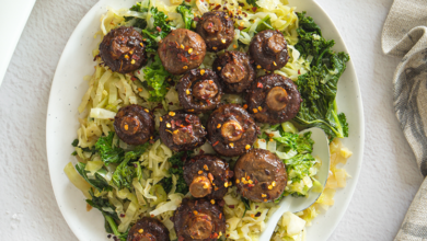 Braised kale and cabbage with miso mushrooms