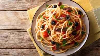 Pasta Puttanesca with extra virgin olive oil