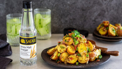 Warm potato salad with white malt vinegar