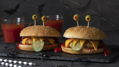 Monster chicken burger with cheese, green olives and cucumber