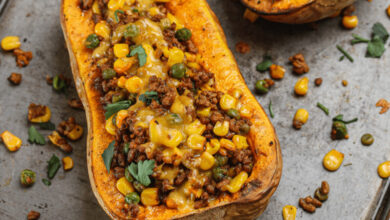 Mince, beans and corn stuffed butternut