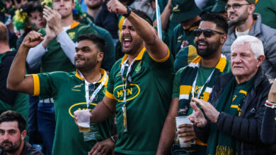 Springbok rugby fans celebrate from the stands.
