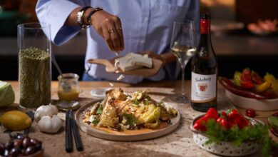 Grilled cabbage steak served with spicy feta