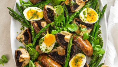 Roasted mushrooms with soft boiled eggs and herb vinaigrette