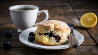 Scones, blueberry jam and lemon curd