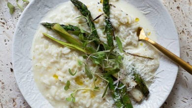 Creamy charred leek and asparagus risotto