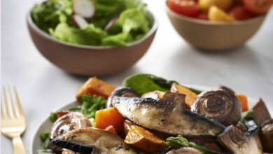 Mushroom and sweet potato sauté with greens