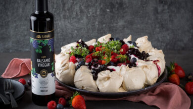 Pavlova with cream and mixed berry balsamic jam