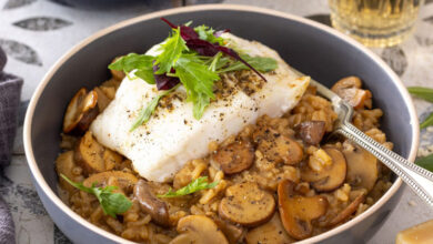 Oven-baked fish and creamy, umami-rich mushroom risotto