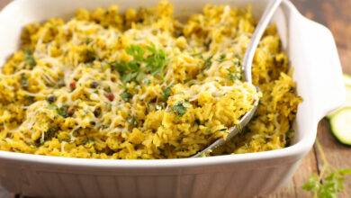South African-inspired leftover bobotie and yellow rice casserole