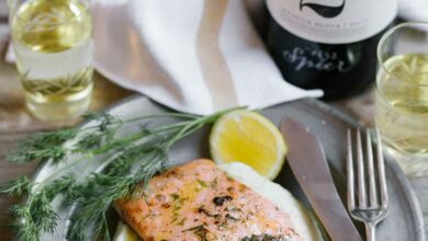 Pan-fried Salmon with dill butter sauce on cauliflower puree