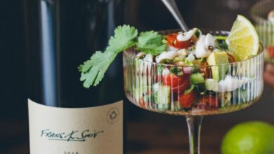 Squid Ceviche with avocado and lime served with white blend