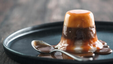 Panna Cotta with caramel sauce and chocolate