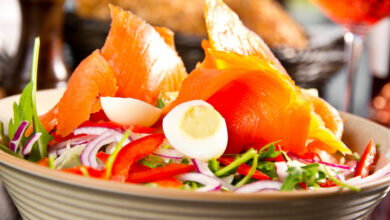 Smoked salmon salad with boiled eggs