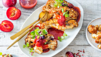 Whole smoked cauliflower roast with plum sauce