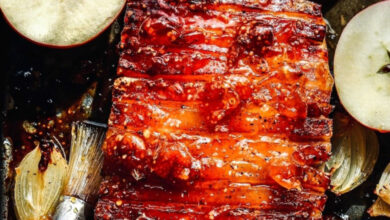 Apple, onion, and gooseberry roasted pork belly