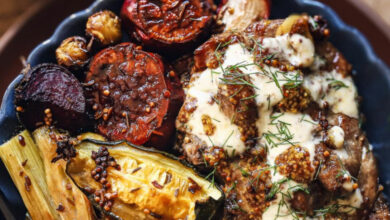 Honey and mustard pork neck steaks with root veggies