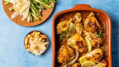 Lemon butter chicken paired with asparagus Caesar salad