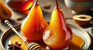 Rooibos and honey poached pears served with berry lemonade