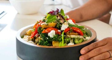 Roasted Tenderstem broccoli, potato and red pepper salad