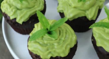 Green-mint tea choc muffins with creamy avo frosting