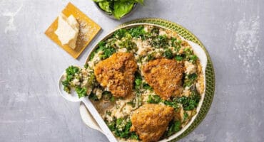 Southern-fried chicken thighs and baked green risotto