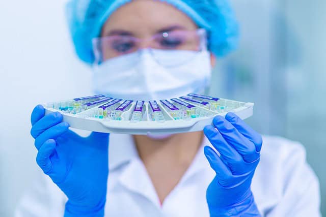 woman wearing a mask in laboratory looking at test tubes