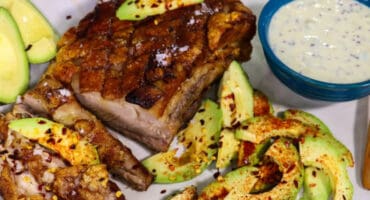 Crispy pork belly with avocado mustard sauce