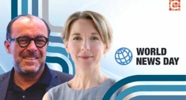 Two writers featured for World News Day, a man in glasses and blazer smiling alongside a woman in a light grey dress, with the World News Day logo on a modern blue and white background.