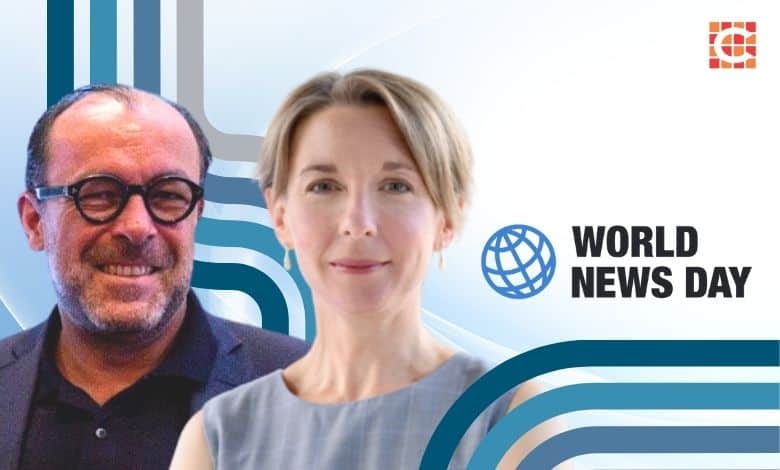 Two writers featured for World News Day, a man in glasses and blazer smiling alongside a woman in a light grey dress, with the World News Day logo on a modern blue and white background.