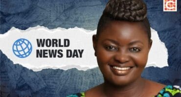 A graphic for World News Day featuring a smiling black woman, with a background collage of newspaper clippings