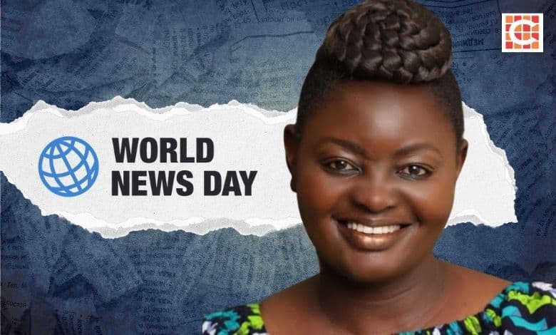 A graphic for World News Day featuring a smiling black woman, with a background collage of newspaper clippings