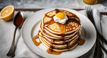 Fluffy crumpets with caramel sauce and lemon cream