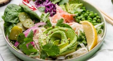 Avocado rose noodle bowl with pickled ginger
