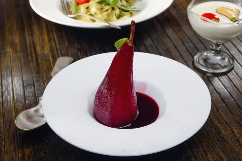 Poached pears in red wine