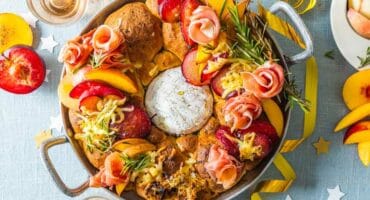 Pull-apart bread with sweet stone fruit and savoury charcuterie