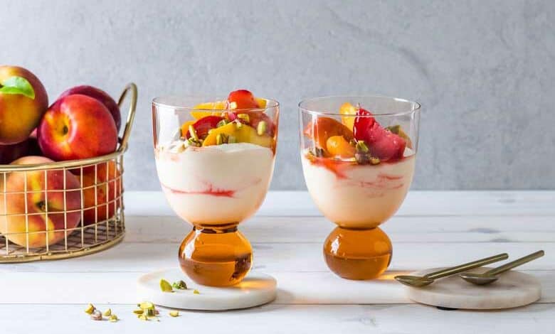 Spicy stone fruit compote with honeyed yoghurt and pistachios