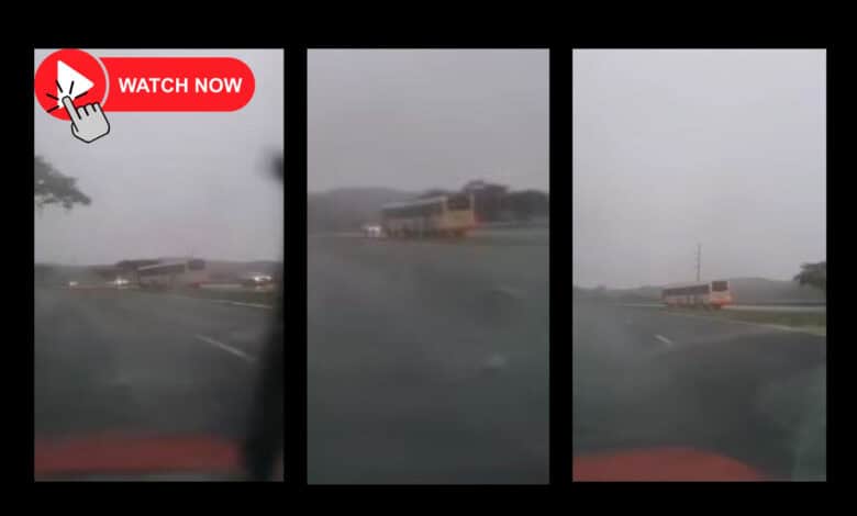 A selection of screenshots from a video showing what seems to be a Buscor bus driving in oncoming traffic in misty and rainy weather conditions between Mbombela and White River in Mpumalanga.