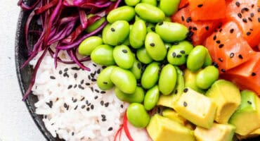 Powerful poke bowl with low sodium sesame salad dressing