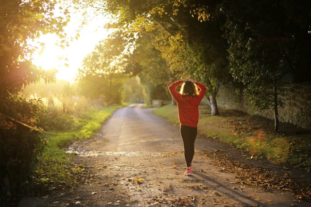 A person walks alone down a peaceful tree-lined path at sunrise, symbolising self-care, reflection and mental wellbeing for caregivers and therapists.