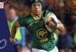 Kurt-Lee Arendse for the Springboks running with a ball in his hand.