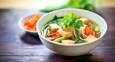 Simple vegan noodle and tofu bowl with fresh chilli